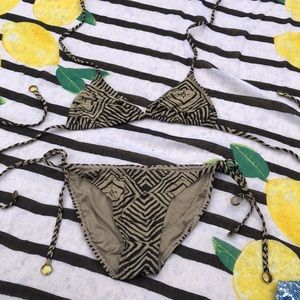 Black and Tan print bikini with gold accents